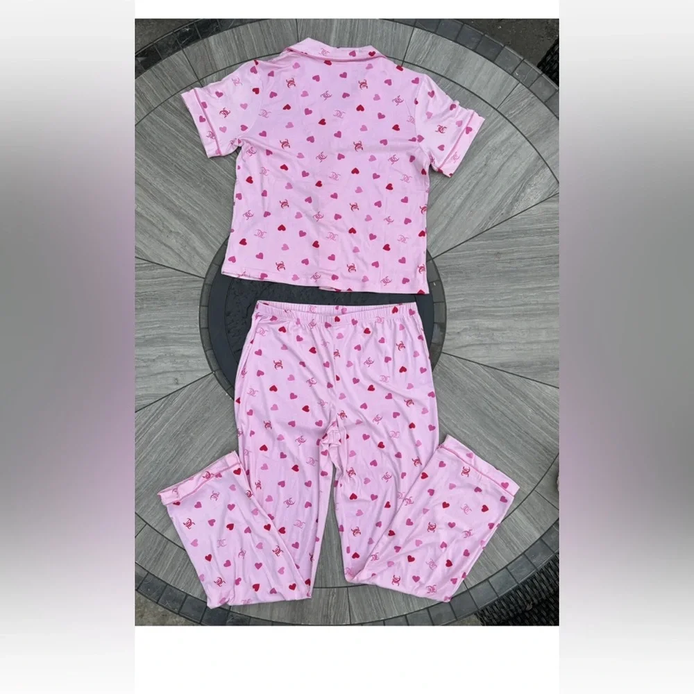 Juicy Couture Heart Logo Pajama Set Sleepwear Shirt/Pants JC Toss Pink  New - Picture 7 of 9